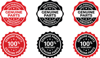 Obraz premium Genuine Parts Original 100 Percent Badge Stamp Set in Red and Black Grunge Style for Automotive or Manufacturing Design