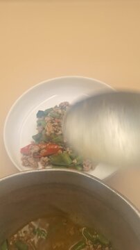 Pad Kra Prow Moo Sub Thai Spicy Stir-Fried Minced Pork With Long Beans 4K Vertical