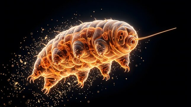 Close up of a microscopic tardigrade microorganism glowing orange amidst floating particles on a black background.