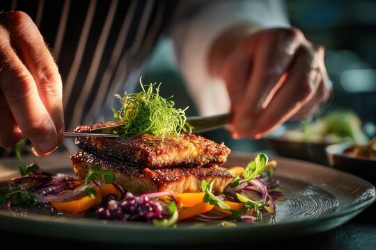 chef garnishing grilled fish with microgreens