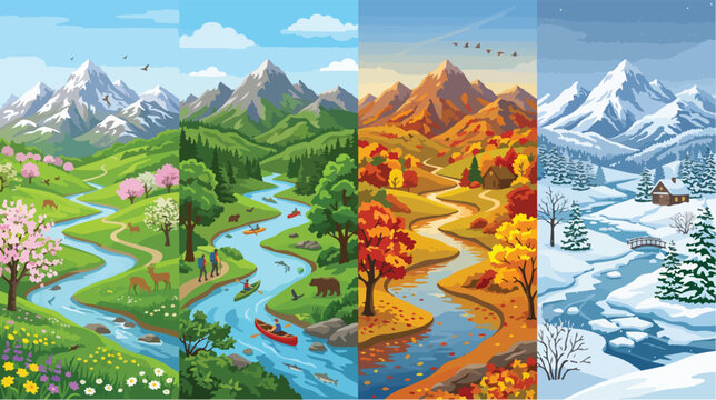 Four beautiful seasonal landscapes featuring snowy mountains and flowing rivers with vibrant trees and wildlife displayed in a detailed artistic composition representing the changing yearly cycle