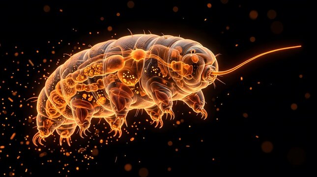 Glowing tardigrade water bear swimming through dark space surrounded by tiny luminous floating particle debris.