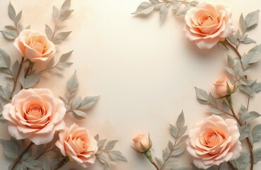Obraz na płótnie Canvas Soft peach roses with muted grey leaves arranged on light beige background. Floral arrangement for wedding invites, greeting cards, romantic designs, natural beauty themes. Gentle floral frame