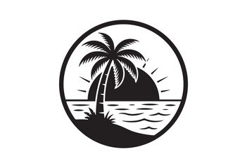 Obraz premium Palm tree silhouette with sunset circle. Vector illustration of a tropical island.