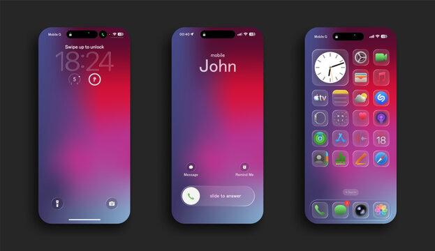 Photorealistic detailed Apple basic IU mockup with purple background isolated with shadows. Main screen, icons and call ui. iOS 26, liquid grass 2026 full template design. Vector editorial
