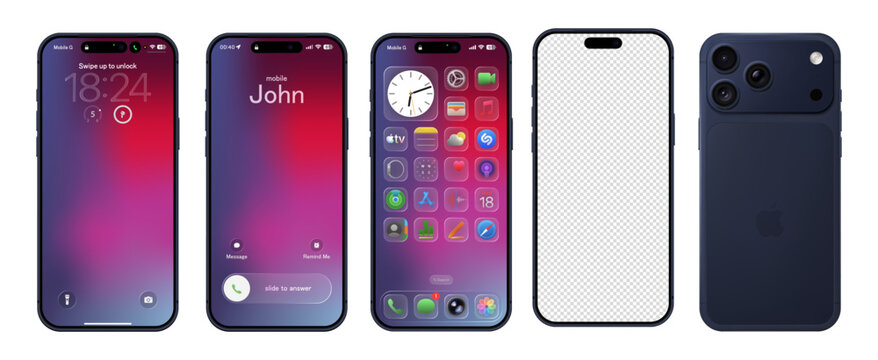 Photorealistic detailed Apple Iphone 17 Pro Max Deep Blue basic IU mockup with purple background isolated. iOS 26, liquid grass 2026 full template design.  Icons. Vector editorial illustration