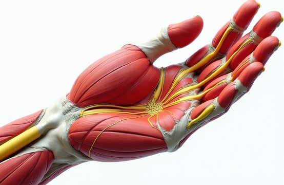 Human hand anatomy showing muscles nerves tendons, blood vessels in detail. This medical illustration visualizes complex structure of hand for learning. It is clean, clear view of internal hand parts.