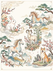 Obraz premium Beautiful watercolor illustration featuring a collection of traditional chinese zodiac animals including horses a rabbit a goat and a dog with elegant floral and mountain motifs