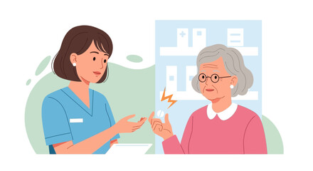 Fototapeta premium Nurse Assisting Elderly Patient with Medication and Pain
