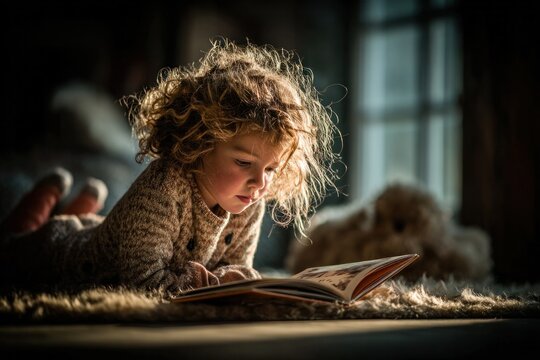 child reading book in cozy sunlight