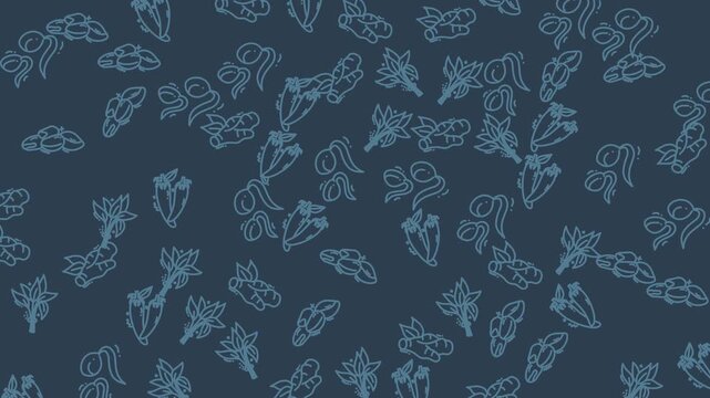 A minimalist motion graphic featuring a seamless looping pattern of hand-drawn vegetable outlines on a dark blue background.