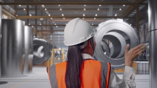 Back of Asian Female Engineer Waving Hand Saying Bye While Walking at Heavy Factory with Large Turbine Components