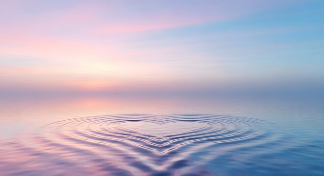 Calm water surface with gentle ripples forming a perfect heart shape against a colorful sunset sky.