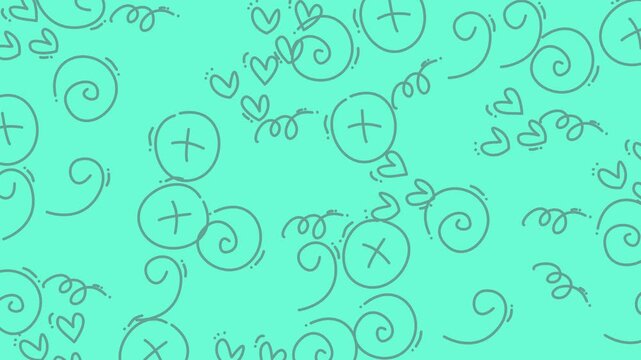 Playful motion background featuring hand-drawn retro doodles like hearts and swirls on a vibrant cyan backdrop.