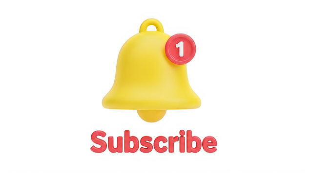 A vibrant yellow bell icon with a red notification dot above it and the word subscribe below. isolated on transparent background