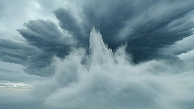 Nuclear explosion blast mushroom cloud stormy sky, dramatic white plume over dark cloud cover, abstract atmospheric scene over sea with dramatic sky, water spray, horizon, smoke plume, cloud storm