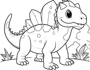Fototapeta premium Adorable, friendly illustration of a stegosaurus with its characteristic plates, spikes, and smiling face, standing on grass