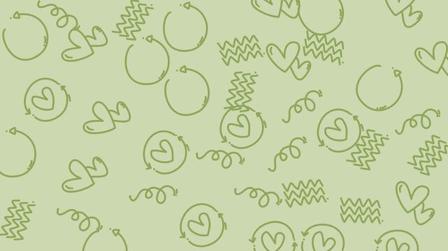 A playful hand-drawn background featuring minimalist flowing lines and heart icons on a soft sage green canvas.