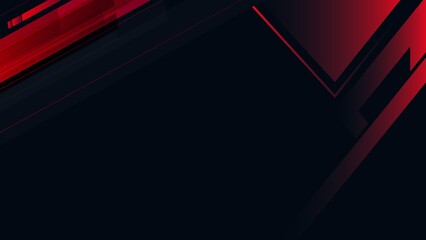 ​A modern, dark abstract background featuring a sleek dark navy or black base. The design is accented with vibrant, glowing red geometric elements, including sharp diagonal overlapping stripes on the  © Perdani