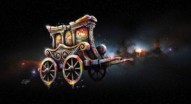 Colorful carriage floating in starry outer space