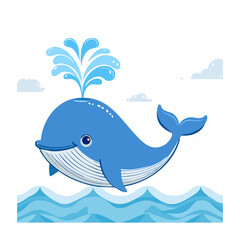 Fototapeta premium Cute blue whale spraying water in the ocean