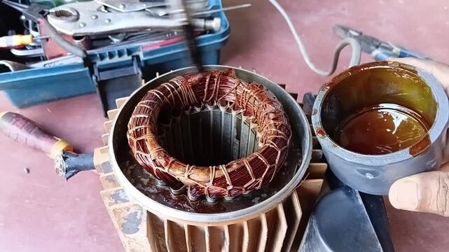 A mechanic dipping a brush into a small pot of insulation varnish and applying it to a stator coil, highlighting a low-budget DIY repair method.