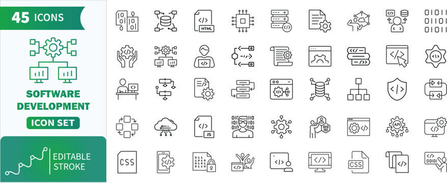 Software development icons set with editable stroke. Collection of line icons representing programming, app creation, web design and technology