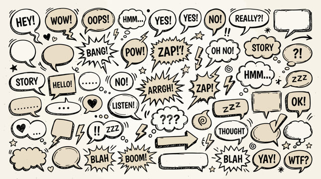 Doodle set with speech bubble arrow of Hand Drawn Speech Bubbles and doodles, crown, hearts, pencil drawn bold arrows, emphasis shapes.
