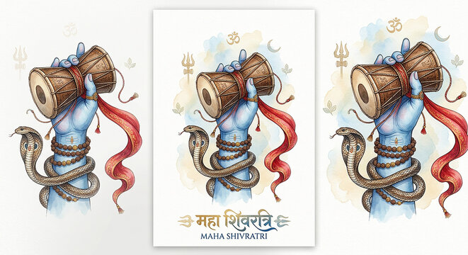 Elegant Maha Shivratri artwork featuring Lord Shiva's divine hand holding a damru, symbolizing cosmic rhythm and spiritual awakening.