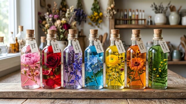 Colorful candy apples on sticks displayed in glass jars on wooden table outdoors
