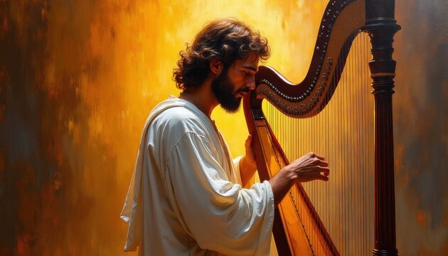 Man plays harp instrument. Person strums strings on large wooden harp. Musician creates melody with orchestral music. Spiritual or religious scene with golden light.