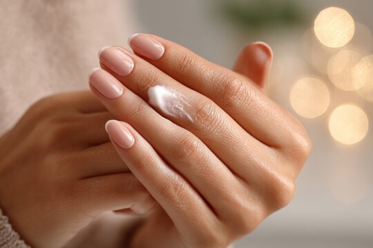 hands applying moisturizer with soft lighting