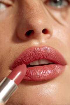 close-up of lips applying lipstick