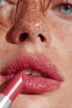 close-up of lips applying lipstick
