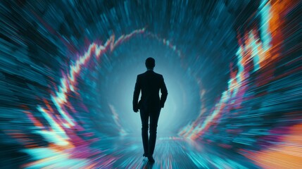 Fototapeta premium Businessman Walking Through Hyperspeed Tunnel Of Light