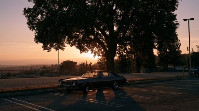 Classic Car Parked at Sunset Overlook Parking Lot