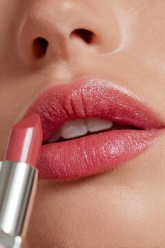a close-up shot of applying vibrant lipstick