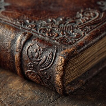 ancient leather-bound book with intricate designs