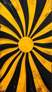 A vibrant abstract artwork featuring a yellow and black sunburst pattern