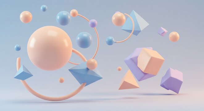 Floating pastel 3D geometric shapes and rings