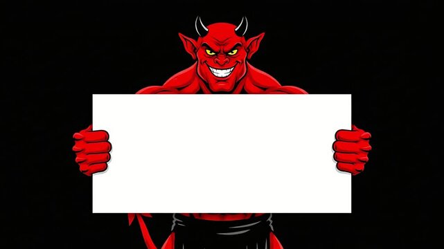 Cartoon Red Devil Character Holding Blank White Sign Banner Template