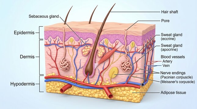 Detailed human skin anatomy with layers and components