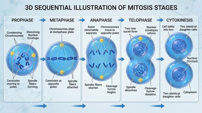 Mitosis stages illustration for educational materials and biology textbooks