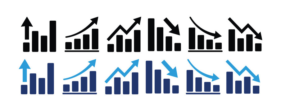 Business chart and graph icon vector set, growth increase and decrease data trends analysis collection featuring linear outlines and solid black and blue variables