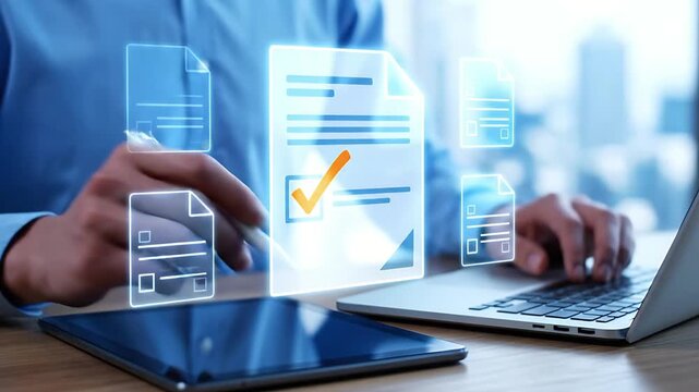Businessman using laptop and tablet with virtual document management system interface icons