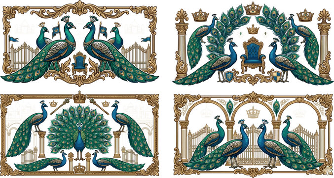 Luxury Golden Baroque Peacock Vector Ornament Set with Ornate Frames Royal Thrones Imperial Crowns Arches and Majestic Birds for Vintage Invitation Designs
