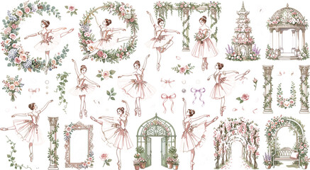 Vintage Watercolor Ballerina Vector Clipart Set with Graceful Ballet Dancers, Floral Wreaths, Garden Arches, Pavilion, and Romantic Rose Garlands for Invitation Designs © Md