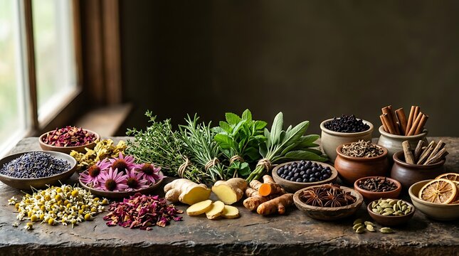 Assorted medicinal herbs, spices, and dried flowers on a rustic wooden table