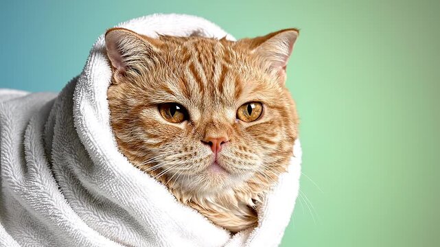 Funny Grumpy Ginger Cat Wrapped in Soft White Blanket Looking Cozy Comfortable and Adorably Unimpressed in Studio Portrait.