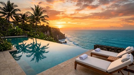 Fototapeta premium Hotel Infinity Pool Cliff Edge Ocean Sunset Turquoise Blue Sky No People Luxury Resort